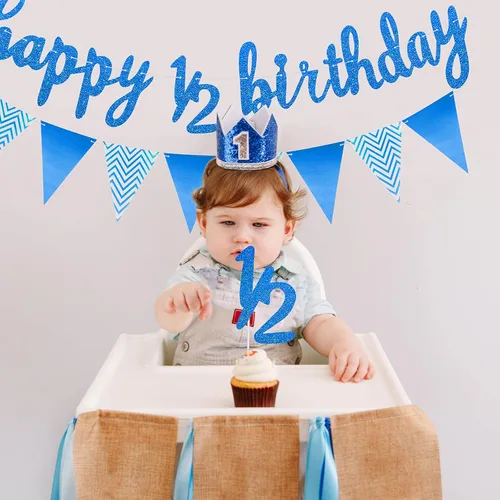 Vista 6 de Skylety Decoraciones de 1/2 de mitad de cumpleaños, traje de 6 meses, pancarta de bebé, decoración de cupcakes, bandera triangular, globos de Azul