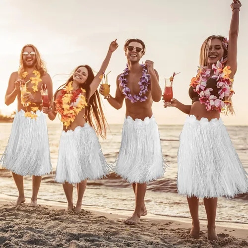Vista 7 de 6 faldas hawaianas de hierba de Luau Hula de 24 pulgadas, vestido de Luau hawaiano blanco para boda, vestido hawaiano Luau elástico con flores