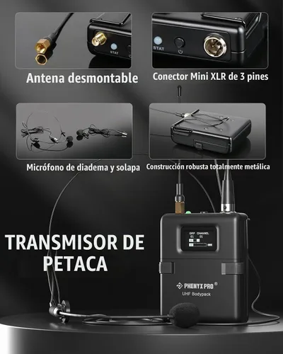 Vista 6 de Phenyx Pro Sistema de micrófono inalámbrico, set de micrófonos inalámbricos dual True Diversity con micrófonos de mano/bodypack/auricular/solapa