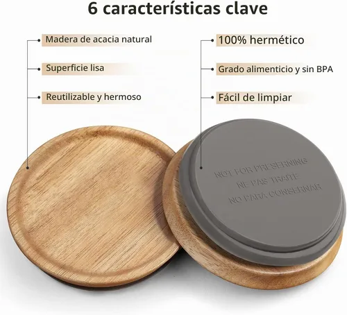 Vista 9 de 6 paquetes de tapas de tarros Mason de boca regular de madera para tarros Ball/Mason/Kerr, madera de acacia natural, material de grado alimenticio