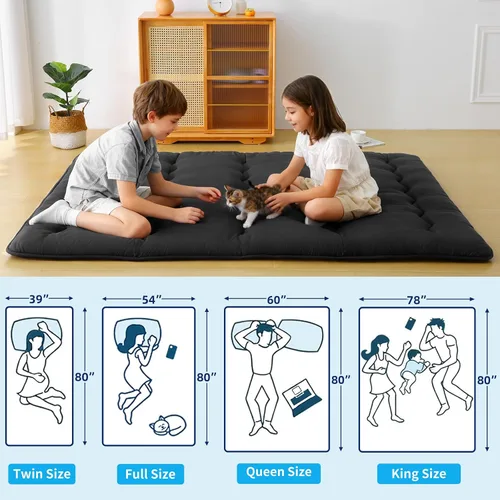 Vista 2 de Colchón de futón japonés – Colchón grueso de color negro, almohadilla plegable de tatami de 5 capas con bolsa de almacenamiento y correas, colchones