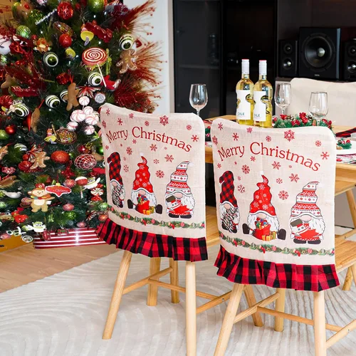 Vista 2 de Fundas navideñas para sillas de arpillera, gnomos a cuadros, decoración de Navidad, fundas protectoras de silla, fundas de comedor de Navidad