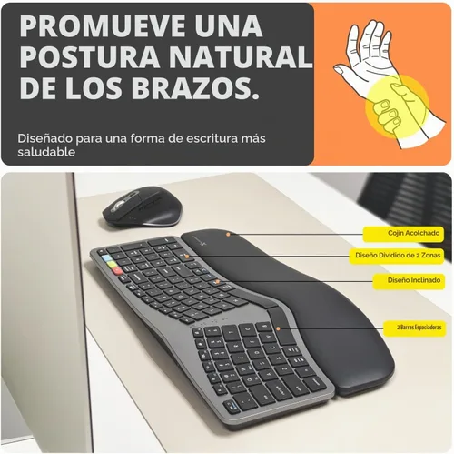 Vista 2 de X9 Combo ergonómico de teclado y mouse inalámbricos: teclado Ergo Split con reposamuñecas y mouse, 2.4G y Bluetooth, teclado ergonómico y mouse