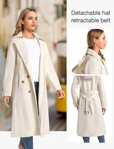 Vista 4 de poonyfesh Gabardina larga impermeable resistente al viento para mujer clásica con solapa de doble botonadura con capucha extraíble