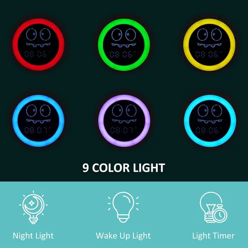 Vista 3 de Reloj despertador para niños, reloj de entrenamiento para dormir con luces nocturnas, máquina de sonido, reloj despertador de dinosaurio para niños