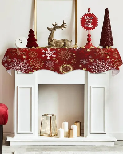 Vista 3 de Bufanda de Navidad para chimenea, copo de nieve, bufanda de mantel de Navidad, bufandas de mantel en la parte superior, bufandas blancas, rojas