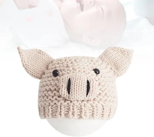 Vista 6 de Sombrero de punto para recién nacido, accesorios para fotografía de bebé, accesorios para fotos de cerdo de dibujos animados, color beige
