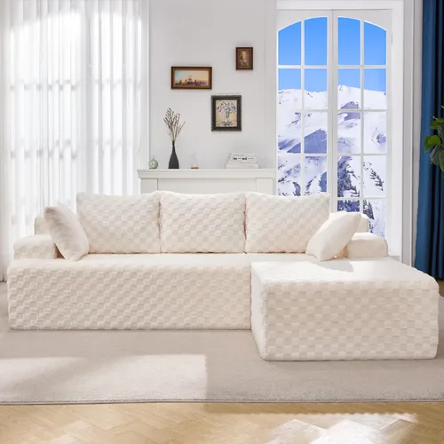 Vista 35 de Sofá modular en forma de L, de 3 asientos, espuma viscoelástica, para sala de estar, sofá estilo nube con diván, de gran tamaño, verde grisáceo