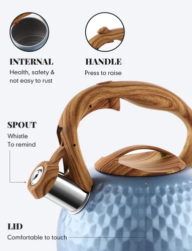 Vista 4 de BELANKO - Tetera de acero inoxidable de 2.7 cuartos de galón para estufa, de grado alimenticio con mango de patrón de madera, con silbido fuerte