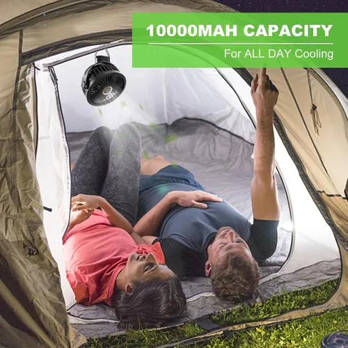 Vista 4 de Odoland Paquete de 2 ventiladores recargables de 10000 mAh con gancho para colgar, ventilador portátil a batería, flujo de aire fuerte y silencioso