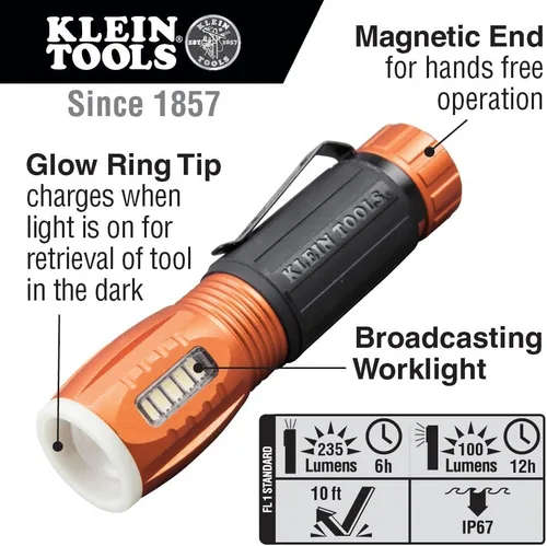 Vista 2 de Klein Tools Linterna LED 56028 y luz de trabajo, duradera, impermeable, compacta, extremo magnético manos libres, funciona hasta 12 horas