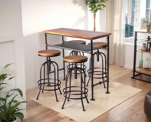 Vista 9 de Juego de mesa de bar y taburete de bar de 5 piezas, mesa de bar de comedor rectangular industrial, color negro y encimera de cocina, altura