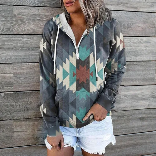 Vista 2 de Sudaderas con capucha estilo étnico azteca occidental para mujer, estilo casual, folk, manga larga, con bolsillo