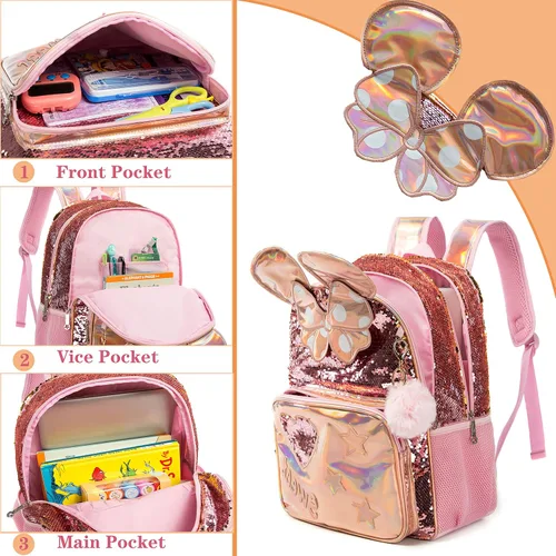 Vista 10 de Mochila para niñas de 16 pulgadas, mochilas para niñas para la escuela, mochila de lentejuelas con lonchera para estudiantes de primaria