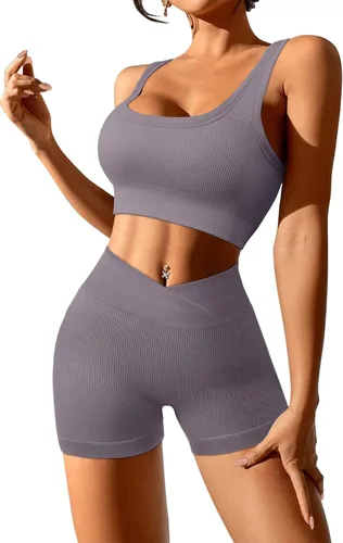 Vista 2 de JZC Conjuntos de entrenamiento para mujer, 2 piezas, acanalados, sin costuras, pantalones cortos de cintura alta, trajes de yoga