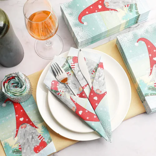 Vista 8 de 200 servilletas de Navidad para invitados, gnomos, toalla de mano desechable de Navidad para baño, papel para el hogar, Navidad, invierno