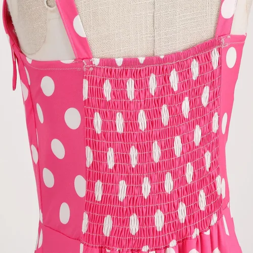Vista 5 de ODASDO Vestido de cuadros rosa para mujer, estilo vintage, Rockabilly de los años 50, con tirantes delgados, acampanado, vestido midi para cóctel