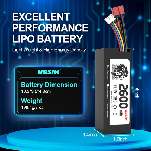 Vista 3 de Hosim Batería Lipo 3S 11.1V 2600mAh 25C RC Car Lipo Baterías Hard Case T-Plug Li-po Batería para 1/8 1/10 1/14 Escala de Alta Velocidad Vehículos RC