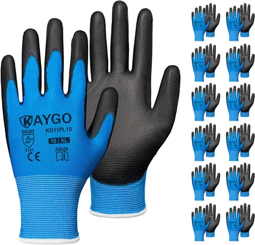Vista 79 de KAYGO KG11PB - Guantes de trabajo de seguridad con revestimiento de poliuretano, 12 pares de guantes de punto sin costuras para hombres y mujeres