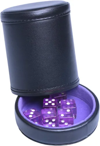 Vista 6 de Taza de dados de piel sintética con forro de terciopelo morado con tapa, incluye 6 dados translúcidos morados para mentirosos dados Farkle Yahtzee