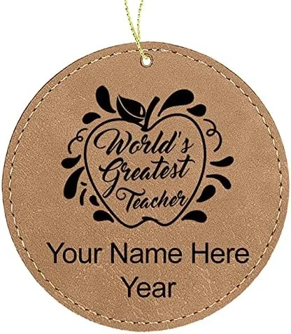 Vista 3 de LaserGram Personalized Christmas Ornament, World's Greatest Teacher, Faux Leather, Custom Laser Engraved Gift Idea (Round Shape, Black with Gold)