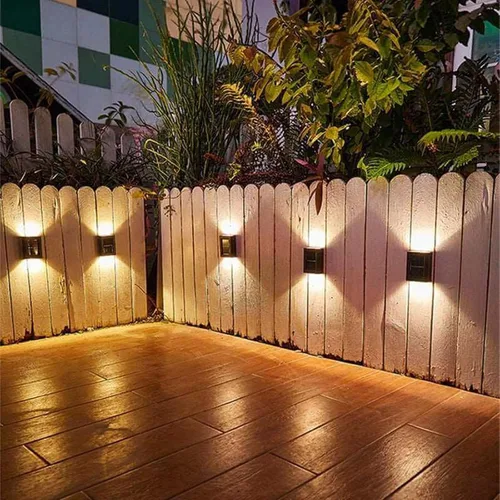 Vista 6 de MSUIINT Luces solares para valla, 4 lámparas de pared y cubierta al aire libre, 4 luces LED arriba-abajo, impermeables para casa, cubierta, escalón
