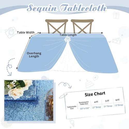Vista 6 de Fanqisi Manteles de mesa de lentejuelas con purpurina azul bebé, 50 x 102 pulgadas, para decoración de mesa de baby shower, boda, niños, fiesta