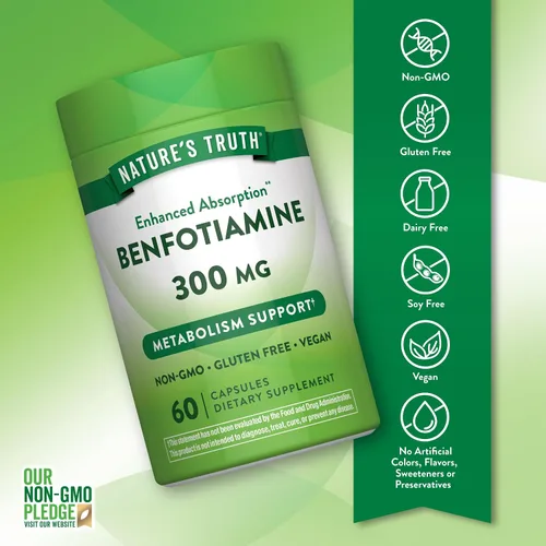 Vista 3 de Nature's Truth Benfotiamina 300 mg 60 unidades Suplemento vegano, sin OMG y sin gluten Precursor de vitamina B1