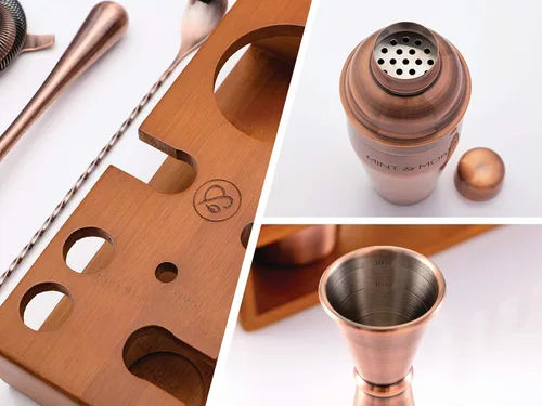 Vista 3 de Mint & Mortar Coctelera, kit de barman de 7 piezas con soporte, botella coctelera de Martini de 24 onzas, herramientas de barra de acero inoxidable