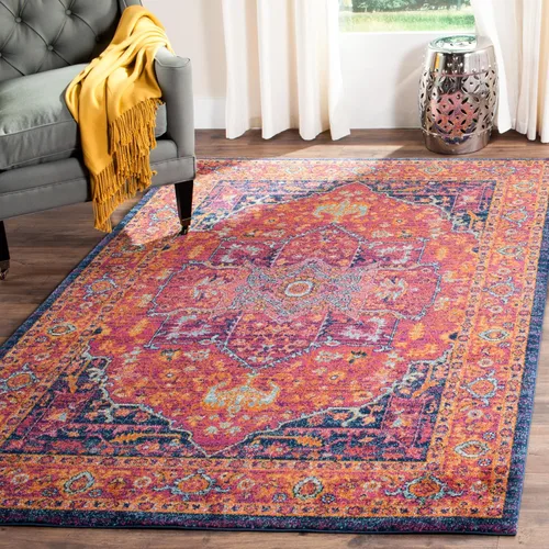 Vista 13 de SAFAVIEH Evoke Collection EVK275C Medallón oriental envejecido, no desprende pelusa, 2'2" x 4', color azul/naranja, alfombra de acento para sala