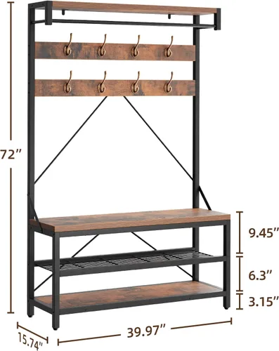 Vista 2 de Amyove Perchero grande para zapatos, banco de zapatos, zapatero de árbol para entrada, estante de almacenamiento de 3 niveles y ganchos extraíbles