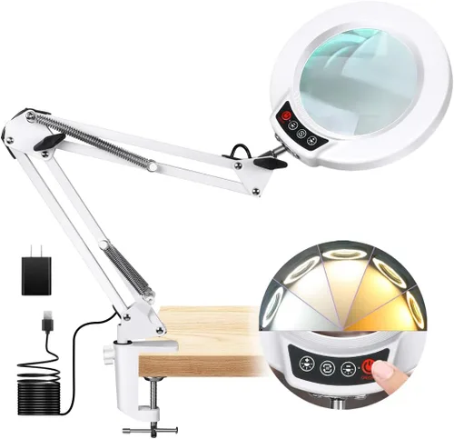Vista 18 de Lámpara de lupa de 10 aumentos con luz y soporte, lámpara de escritorio y abrazadera 2 en 1, Seylae con 5 modos de color, lupa iluminada LED