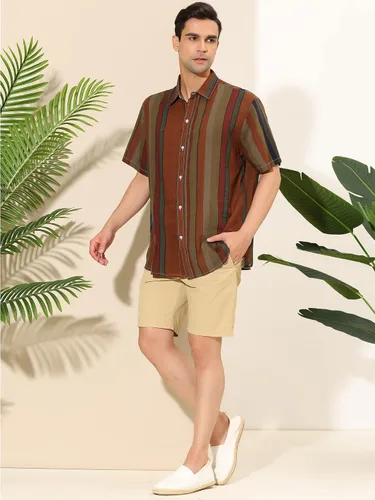 Vista 4 de Lars Amadeus Camisa de rayas irregulares con botones de manga corta y bloque de color de verano para hombre