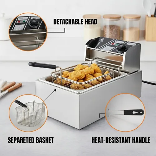 Vista 2 de Freidora eléctrica de 6 litros de acero inoxidable de un solo tanque comercial con canasta, control de temperatura de 2500 W, freidora de encimera