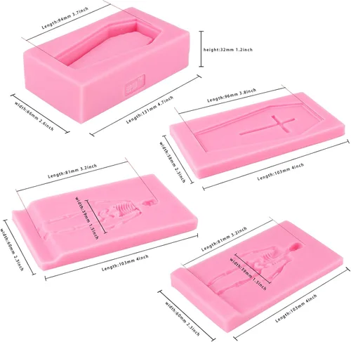Vista 3 de Funshowcase Molde de silicona 3D de esqueleto de Halloween con sarcófago a juego para decoración de pasteles de fondant, arcilla polimérica