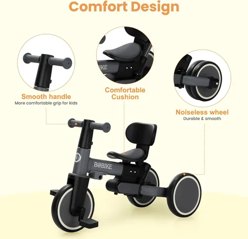 Vista 3 de BoBike Triciclo 5 en 1 para niños pequeños de 18 meses a 5 años, bicicleta para niños con pedales mejorados, mango de empuje para padres, bicicleta