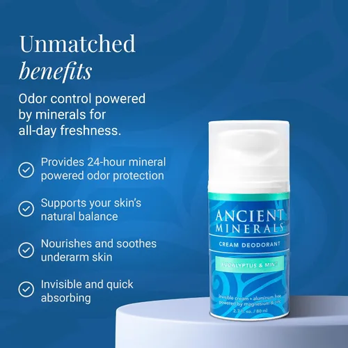 Vista 3 de Ancient Minerals Crema desodorante natural, aroma a eucalipto y menta, sin aluminio, desodorante vegano para mujeres y hombres con magnesio, zinc