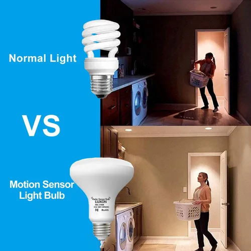 Vista 4 de LUXON Bombillas con sensor de movimiento de radar BR25 de 9 W, detector equivalente al atardecer al amanecer de 90 W, iluminación de lámpara LED