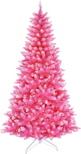Vista 8 de Puleo International - Árbol de Navidad artificial preiluminado de 4 pies, pino rosa de moda con 150 luces claras, 196 puntas de ramas densas