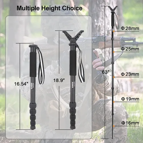 Vista 4 de BZTAC Palo de tiro táctico de aluminio de 5 secciones para caza, monopod, rifle de tiro con yugo en V extraíble de rotación de 360°, 18.9-62.3