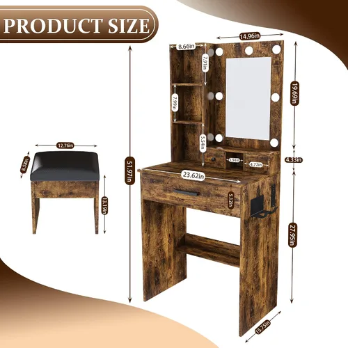Vista 3 de Mesa de tocador con espejo y luces LED ajustables, soporte para secador de pelo, cajones de almacenamiento y taburete, escritorio compacto