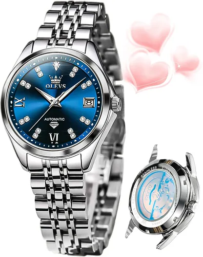 Vista 12 de OLEVS - Reloj automático de lujo para mujer con diamantes, fecha, clásico, de cuerda automática, relojes de pulsera luminosos e impermeables