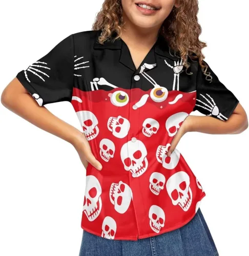 Vista 5 de Pinupub Camisas hawaianas unisex para niños, divertidas y lindas camisas de vestir de manga corta con botones para Halloween