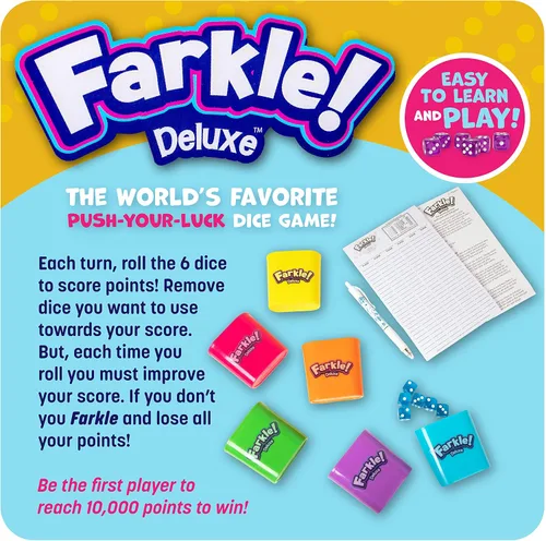 Vista 2 de El juego de dados Farkle Deluxe incluye 36 dados coloridos, 6 cubiletes, bandeja de lanzamiento y hojas de puntuación. El clásico juego de dados