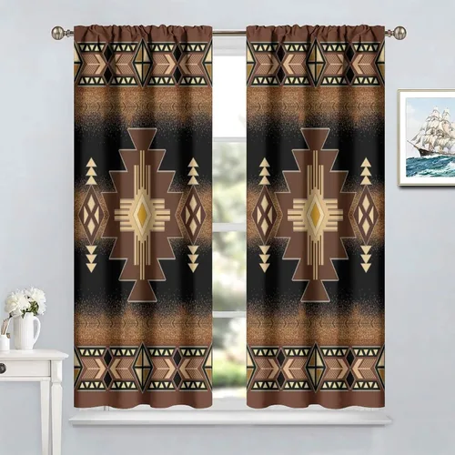 Vista 327 de Cortinas con patrón geométrico tribal, estilo suroeste, azteca, rústico, occidental, nativo americano, opacas, con bolsillo para barra, decoración