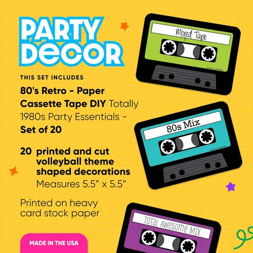 Vista 2 de Big Dot of Happiness Cinta de casete de los años 80 para decoración de fiestas, recortes para fiestas temáticas de los años 80, diseño retro