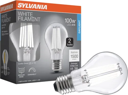Vista 13 de Sylvania - Bombilla de filamento LED transparente A19, 6.5 W, regulable, 800 LMS, base media, 2700 K, blanco suave, paquete de 2 (42170)