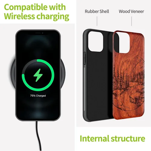 Vista 5 de Carveit Funda de madera para iPhone 11 Pro Max [madera natural y TPU suave negro] a prueba de golpes, protector de teléfono de madera único