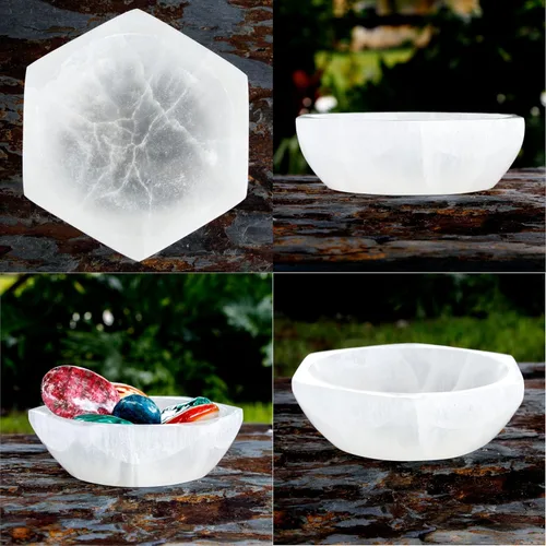 Vista 6 de Om Zone Cuenco grande de selenita pulido estación de carga de cristal de selenita para limpieza y carga, colección de cristales y piedras curativas