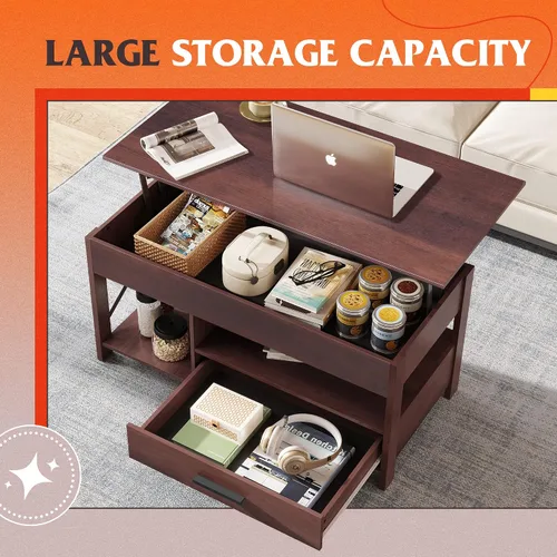 Vista 5 de WLIVE Mesa auxiliar elevable, mesa auxiliar de 39 pulgadas con cajones de almacenamiento, compartimento oculto, mesa central de madera para sala